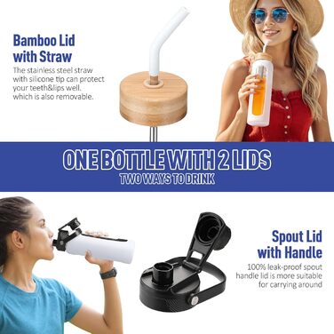BLUEGO Glass Water Bottle - Sports Water Bottle with 2 Lids and Straw. Leak-proof glass bottle with time marker and measuring scale. BPA-free, (White, 900 ml)