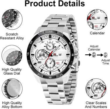 Годинник чоловічий OFFCUP: аналоговий кварцовий хронограф з водонепроникним браслетом з нержавіючої сталі. З датою, для повсякденного та ділового стилю. Ідеальний подарунок (чорний та білий)