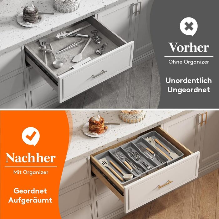Органайзер для столових приборів Lifewit в шухляду, розширюваний 33-57 см, сірий - пластиковий тримач для ножів, виделок, кухонний органайзер 38 см