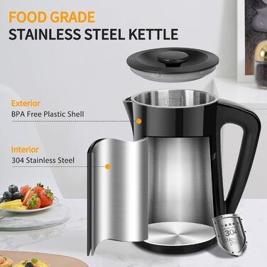 Електричний чайник Aigostar Alva з регулюванням температури 40°C-100°C, 1.7 л, подвійні стінки, Cool Touch, LED дисплей, тихий, бездротовий, з функцією підтримання тепла, 2200W, BPA Free, чорний