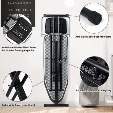 Прасувальна дошка Duwee Extra велика з парогенератором, термостійке покриття, регульована висота, міцні ніжки, 122 x 43 см (Чорна)