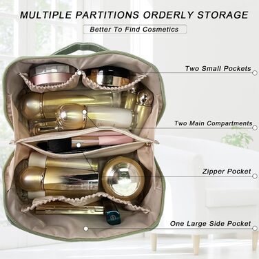 Жіноча косметичка для подорожей з великим об'ємом, водовідштовхуюча, з перегородками, органайзер (кремовий персик, світло-зелений)