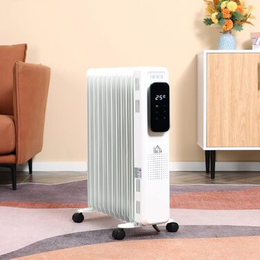 HOMCOM Портативний масляний радіатор з електронагрівом, 2500W, 3 режими, таймер, 11 секцій, білий, сталь, 50.5 x 24 x 63 см