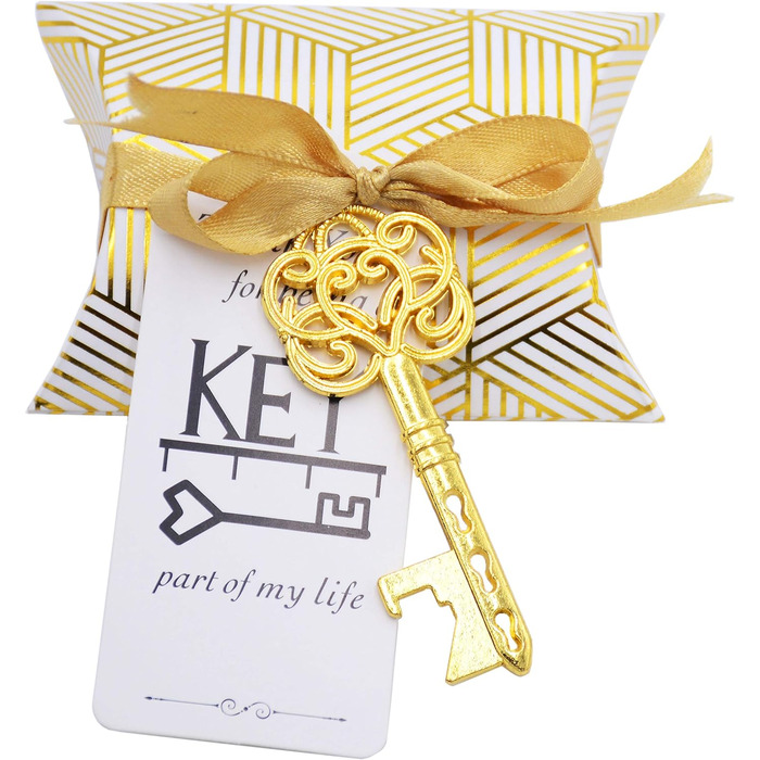 Makhry 50-Piece Vintage Key Bottle Openers Wedding Key Skeleton Key Bottle Openers Wedding Guest Gifts Set with Pillow Boxes and Label (Antique Gold)