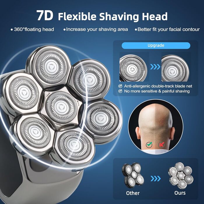 Електрична машинка для гоління голови Qhecomce 6-в-1, чоловіча, з 7 плаваючими головками, для сухого та вологого гоління, чорна