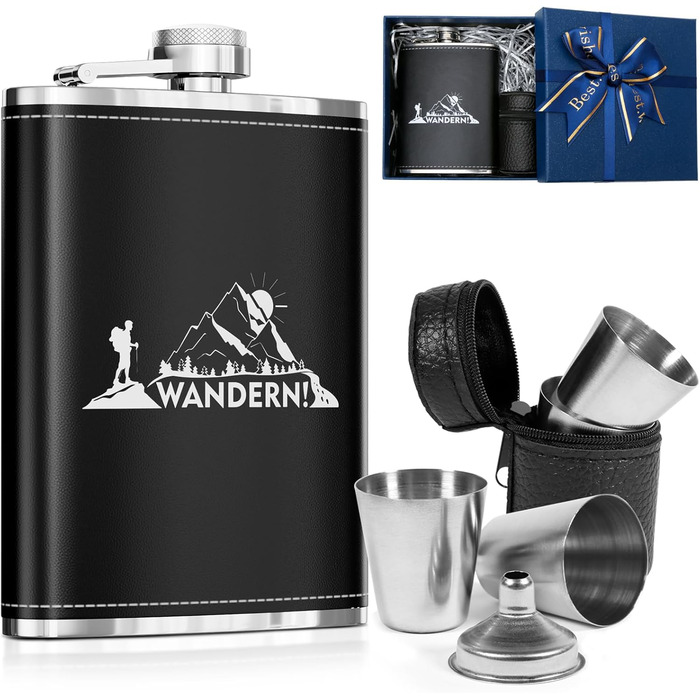 Термос-фляга LILABIENE з гравіюванням для туризму та походів у гори. Набір з чашкою, нержавіюча сталь, шкіра, чорний колір. Ідеально для чоловіків, на День батька, на День народження, на Миколая, на Різдво. Об'єм 8oz/240ml