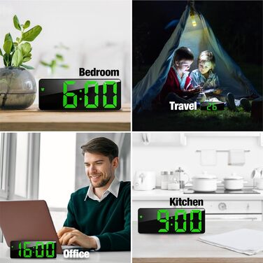 Електронний годинник-дзеркало JQGO з LED дисплеєм, USB-кабель, регулювання яскравості, показ температури, будильник, таймер, для спальні (чорно-зелений)