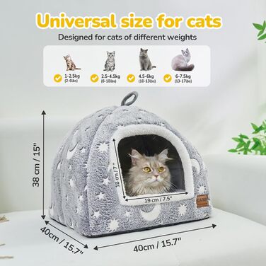 CATISM Cat Cave Cat Bed Glowing Cat House Cozy Cave Foldable Washable Comfortable Cat Sleeping Place for Cats Kittens Puppies with Removable Cat Head Pillow 40x40x38cm