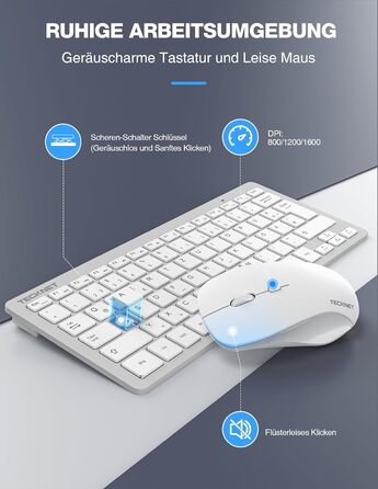 Бездротова клавіатура та миша TECKNET QWERTZ, 2.4 GHz, 15м, тиха, для ПК, ноутбука, Smart TV, білий/сріблястий