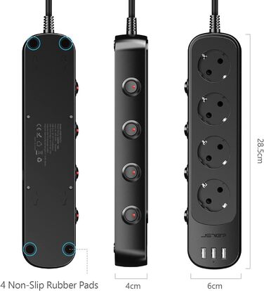 Мережевий фільтр JSVER з індивідуальним вимикачем, 4 розетки, 3 USB-порти, 3680W, 16A, 1.5м, чорний