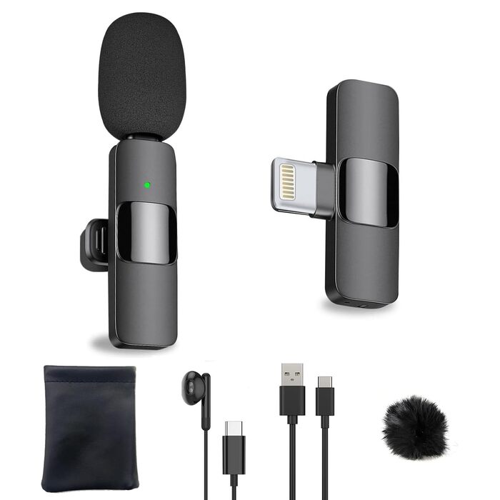 Беспроводной петличный микрофон USB-C 2-в-1 для iPhone, с шумоподавлением KI, мини-микрофон для видеоблогинга, видео, подкастов, интервью, TikTok, YouTube - Черный (2 TX + 1 RX) (для Lightning (1 Mic))