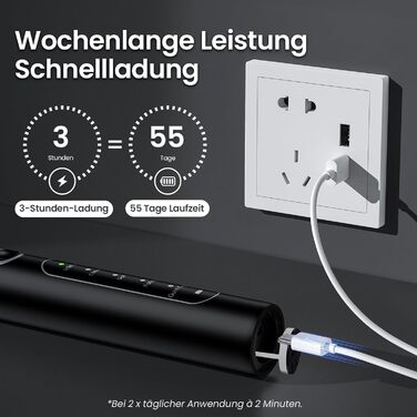 Електрична зубна щітка YUNCHI C2 з 40000 VPM, звукова щітка для дорослих, зарядка USB-C, 55 днів роботи від акумулятора, 5 режимів чищення, таймер 2 хвилини, 8 насадок, дорожній футляр, чорна YUNCHI C2