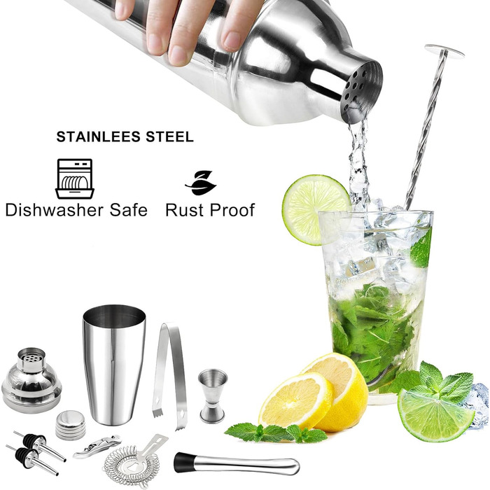 Набір для коктейлів, нержавіюча сталь, 750 мл, 12 предметів, професійний барний аксесуар для дому та бару