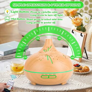 Ультразвуковий аромадифузор 550мл з дерев'яною обшивкою, керуванням від пульта, 7 LED кольорів з регулюванням яскравості, таймер 1/3/6 год, для спальні, вітальні, йоги та офісу