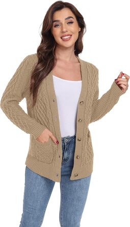 Жіночий в'язаний кардиган GRECERELLE з V-подібним вирізом та ґудзиками, класичний стиль, осінь-зима, бежевий колір