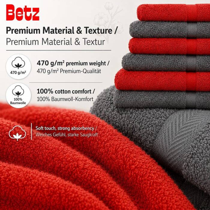 Набір махрових рушників Betz Premium 10 предметів (червоний та антрацит): 2 банні, 4 гігієнічні, 2 гостьові, 2 для рук, 2 рукавички