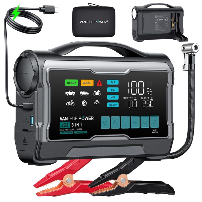 Пусковий пристрій (бустер) VANTRUE POWER JS3 для авто з компресором 160 PSI та функцією Powerbank, чорно-сріблястий