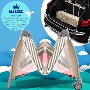 KIDIZ® 3-in-1 Baby Cot Travel Bed Combo Set Baby Bed with Changing Pad, Mosquito Net, Playard, from Birth up to 15 kg, Airy Side Walls with Side Entrance, Carry Bag, Foldable, Pink/Beige Pink / Beige