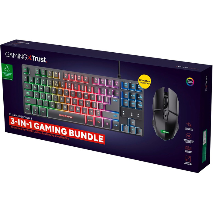 Trust GXT 1794 Комплект для геймінгу: клавіатура QWERTZ DE, миша та килимок, LED підсвітка, бездротова миша (80 годин), компактна TKL USB клавіатура, чорний