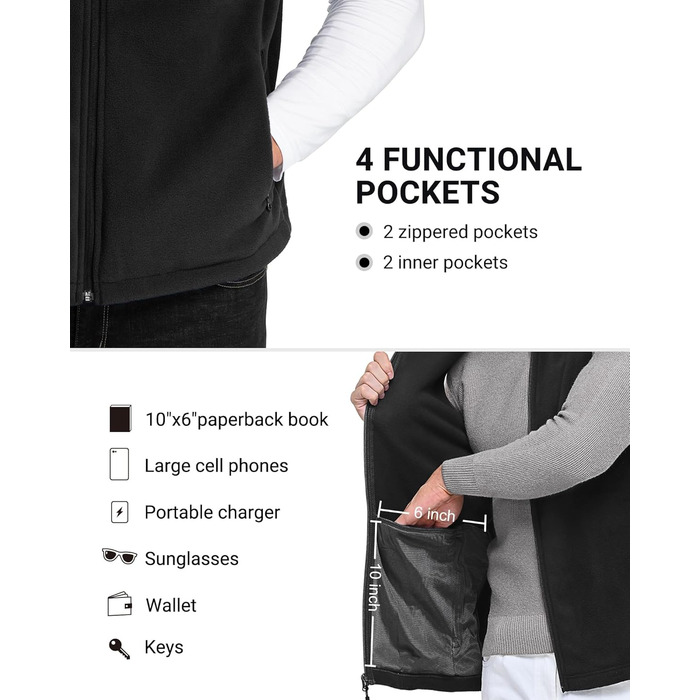 Чоловіча флісова жилетка Outdoor Ventures: легка, тепла, вітрозахисна, з кишенями на блискавці, чорна