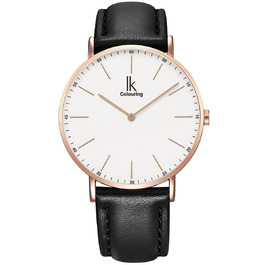Alienwork IK Slim годинник на зап'ястя Ø36mm для чоловіків та жінок, ультратонкий, шкіряний ремінець (рожеве золото/рожево-золотий білий/чорний шкіряний ремінець)