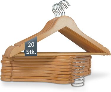 Набір дерев'яних вішалок ACTIVE SOUL (20 шт.) з вирізами для одягу та перемичкою для штанів, 360° обертання, для костюмів, сорочок, блузок та штанів