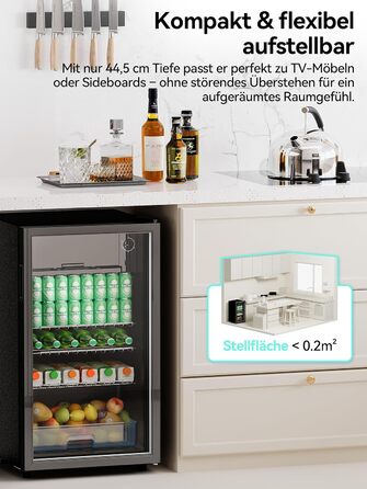 Холодильник для напоїв Devoko 93L з скляними дверцятами та LED-підсвіткою. Регульовані полиці для колі, пива та вина. Чорний колір, ідеально для дому та офісу.