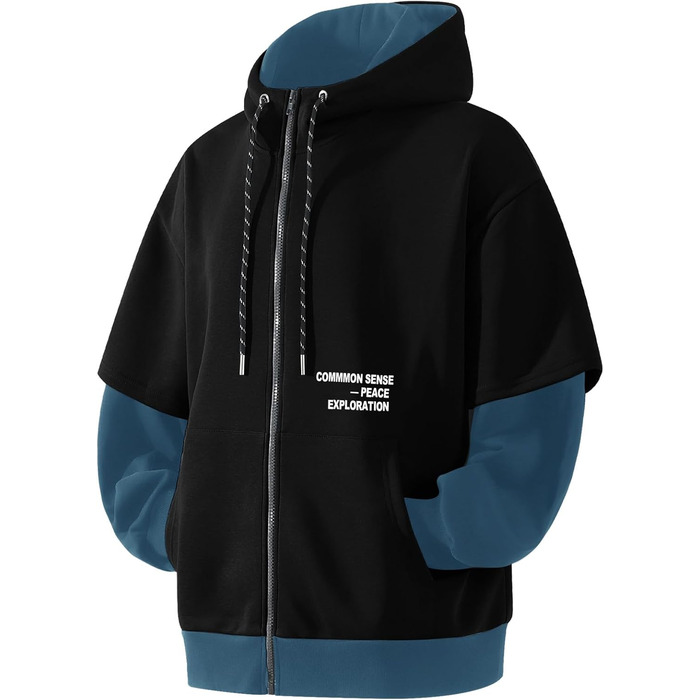 Чоловіча толстовка з капюшоном RUIZEHONG з блискавкою, спортивна куртка, кольорові блоки, повсякденний стиль, з кишенями, біло-чорна (чорно-синя, S)