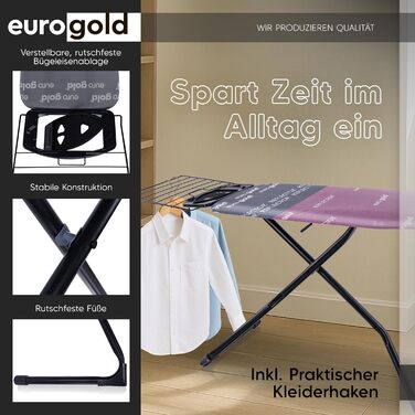 Прасувальна дошка EUROGOLD® Premium 120x42 см з турбопокриттям та полицею - стабільна, регульована по висоті, з бавовняним покриттям (рожева)