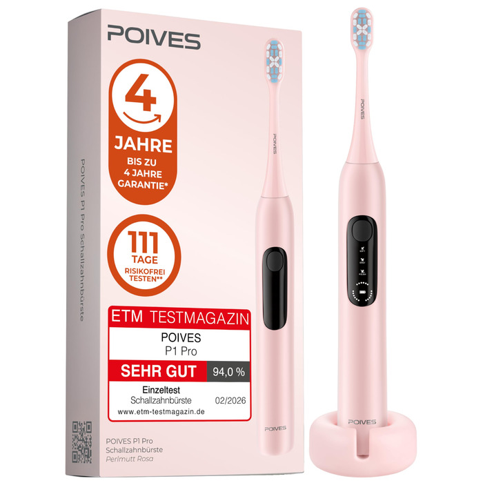 Електрична зубна щітка POIVES P1 Pro - ультразвукова, рожева перлина, з датчиком тиску, 4 роки гарантії