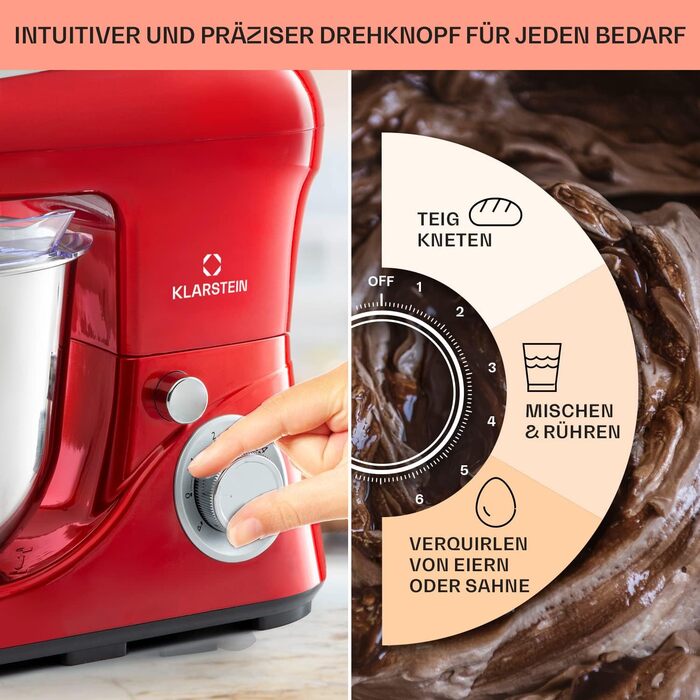 Klarstein Kitchen Machine - 1300W Stand Mixer with 6 Speeds, Dough Hook, Whisk & Beater, 5L Bowl, Planetary Mixer for Bread Dough - Red