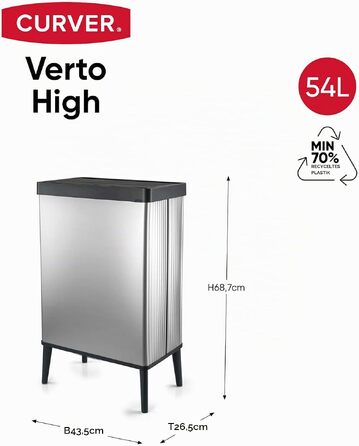 Сміттєвий відер Curver Verto High на 54 л з push-кришкою та ніжками для кухні, сріблястий, 26,5 x 43,5 x 68,7 см