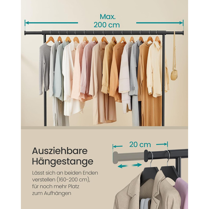 SONGMICS Clothes Rack with Wheels, Coat Rack, Heavy-Duty, Extendable Clothes Rod, Holds up to 110 kg, 45 x (160-200) x 162.9 cm, Metal, Chrome, HSR176E01 ((160-200)B cm, Matte Black)