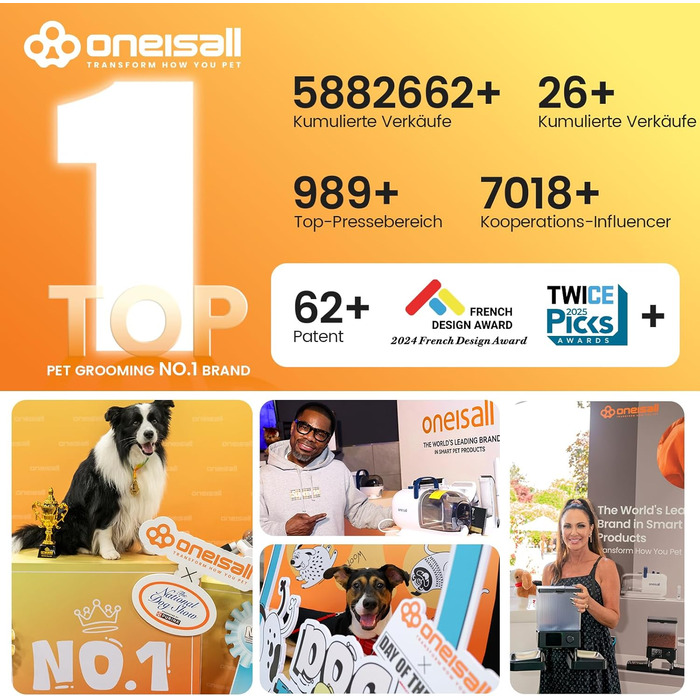 Машинка для стрижки собак Oneisall з пилососом, потужність 12000 Па, збір 99.99% шерсті, тиха, 7 насадок, об'єм контейнера 1.5 л