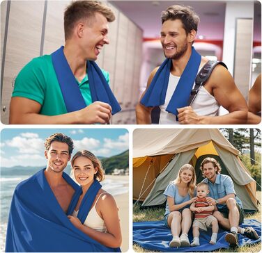 Набір з 3-х рушників з мікрофібри (великий 160x80 см та 2 маленьких 80x40 см), швидковисихаючі рушники для фітнесу та спорту, для пляжу, ванни, спорту та подорожей, темно-синій