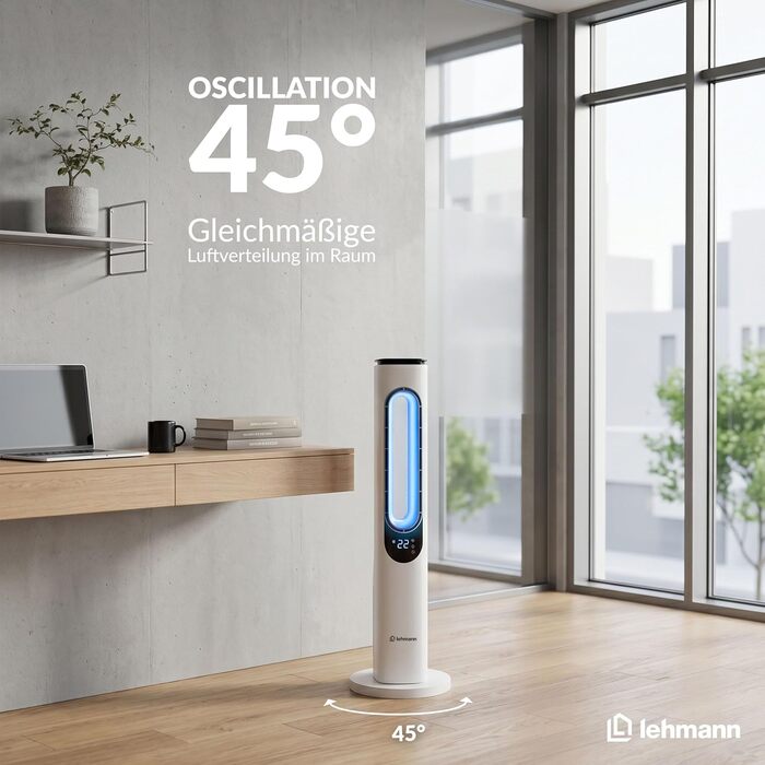 Вентилятор баштовий LEHMANN з пультом ДУ та LED-дисплеєм, тихий, нічний режим, таймер 15 год, 3 кольори світла, 3 режими, 3 швидкості, без лопатей