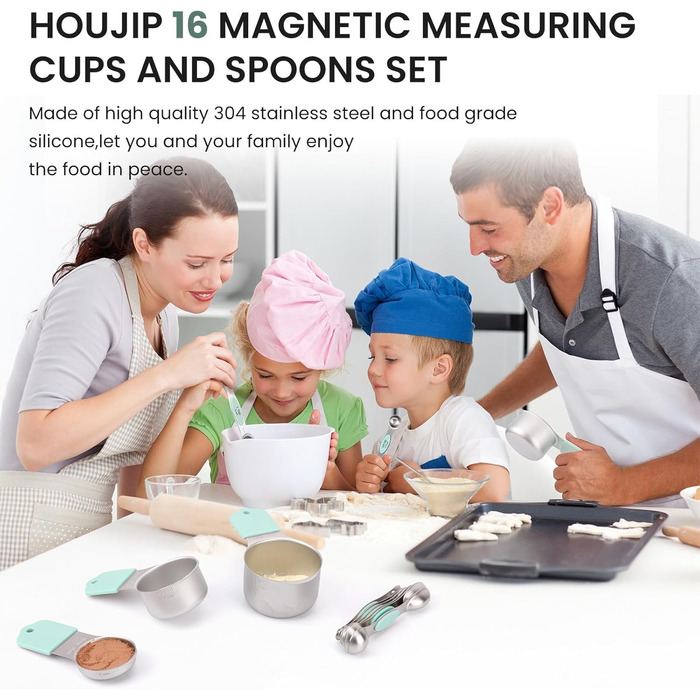 Magnetic Measuring Cup and Spoon Set, Durable 304 Stainless Steel, Double Measuring Markings, 16-Piece Set, with Leveler for Measuring Dry and Liquid Ingredients, Mint Green