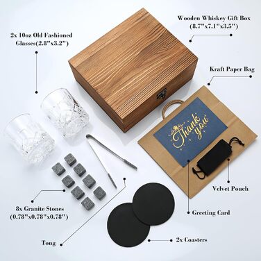Склянки для віскі з гранітними кубиками, набір 2 шт, 310 мл, дерев'яна подарункова коробка