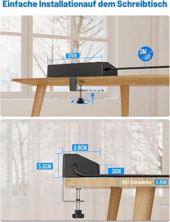 Мережевий адаптер PASSUS з 5 розетками, 2 USB-C (PD 30W), захист від перенапруги, індивідуальне вмикання, 10-в-1, з кабелем 2м, для офісу, чорний