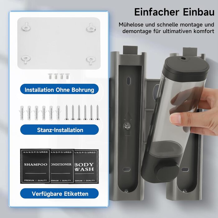 Настінний диспенсер для мила, шампуню та гелю для душу на 3 камери, 300 мл, сірий (ABS)