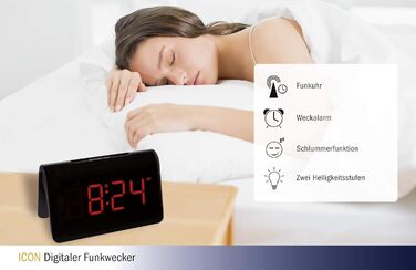 TFA Dostmann ICON Digital Radio Alarm Clock, 60.2543.05, Alarm with individual snooze duration, 2 brightness levels, very bright red LED digits, radio clock, black