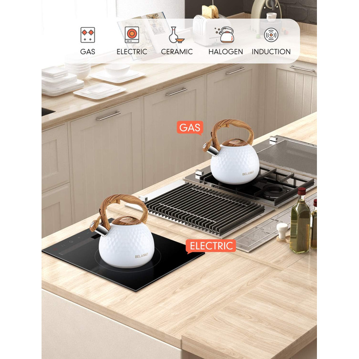 Чайник BELANKO Teekessel 2.7л з нержавіючої сталі з дерев'яною ручкою, гучний свисток, для плити, індукції, діамантовим дизайном, чорний (глянцевий білий)