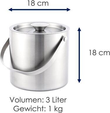 Hanseküche Large Ice Cube Container Ice Bucket 3L including Lid, Tongs, and Double Bottom - 304 Stainless Steel - Double-Walled Insulated - Very Long-Lasting Thermal Effect - Ideal for Keeping Drinks Cold for Extended Periods