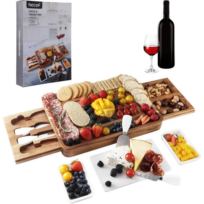 hecef Cheese Board Set, Acacia Wood, Square Cheese Board with 2 Pull-Out Drawers & Cutlery Set & Snack Plates & Marble Cheese Slate