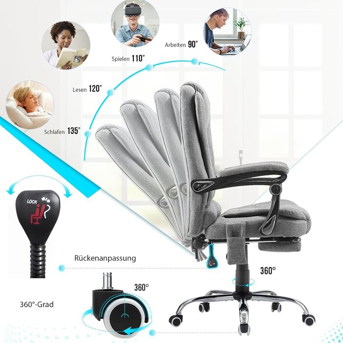 Офісний крісло YODOLLA, 200 кг, ергономічний, з регульованою спинкою, з підніжкою, сірий