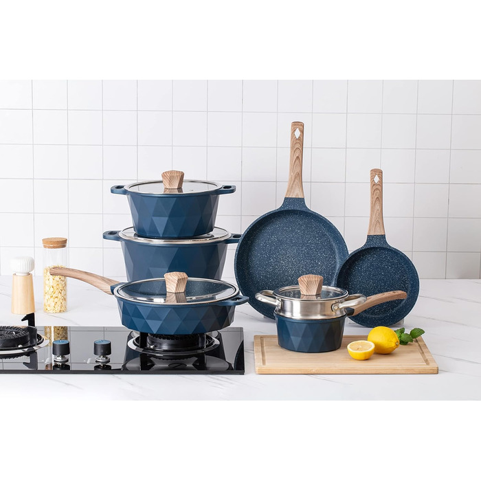 Набір посуду індукційного Country Kitchen 13 предметів, антипригарне покриття, алюміній, бакелітові ручки, скляні кришки, темно-синій (Navy Diamond)