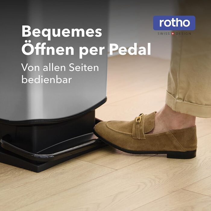 Сміттєвий відро Rotho Paso на 40 л з педаллю та Soft-Close кришкою, сріблясте