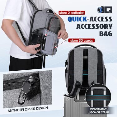 Рюкзак для фотокамери RAINSMORE з відділенням для ноутбука 14 дюймів, сірий. Підходить для Canon, Nikon, Sony (DSLR, SLR)