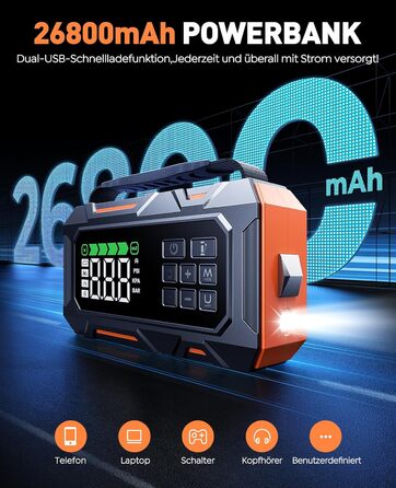 Powerbank для авто 26800mAh 7000A з компресором 160PSI, старт допомога, 5 LED, набір для ремонту шин, молоток, підтримка бензину/дизеля