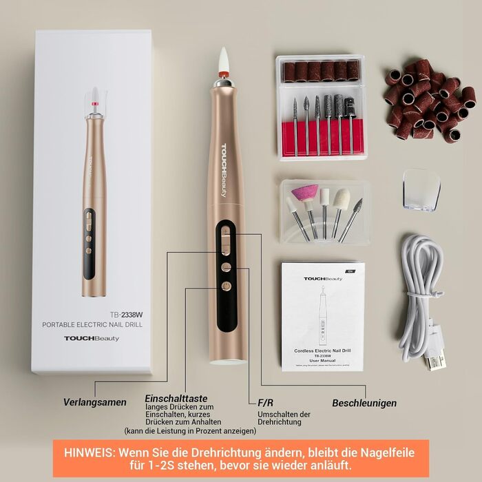 TOUCHBeauty Електрична пилка для нігтів: набір бездротовий, фрезер для манікюру та педикюру з LCD-дисплеєм, 5 швидкостей, тихий, пилозахисний, USB-зарядка (гель, акрил)